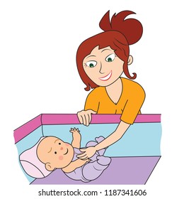 Little cute Baby in the bed mother playing trying to keep him her silent sleep