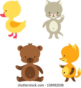 Little cute baby cat, bear, fox and duck.