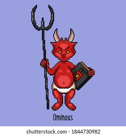 Little cute baby devil in white shorts holding a book of dark magic and a steel trident. Cute vector pixel red imp straight from hell. Ominous character with fire in his eyes and a smile on his face.