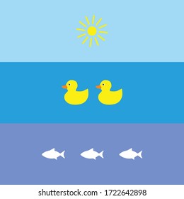 Little cute baby duck at sea play with fish. learn to count with picture. vector illustration