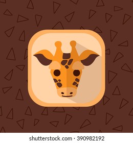 Little cute baby giraffe flat icon. African animal with simple seamless triangle brown pattern at the background. Perfect for app design, motion graphics and as a design element