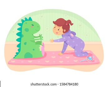 Little cute baby girl in jumpsuit crawling to big green toy dragon. Pink mat and beanbag on bedroom floor. Infant games. Playing with soft animal. Vector flat cartoon cutout illustration