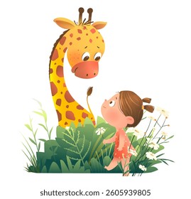 Little cute baby girl in nature with giraffe friend. Cute child and her friendly giraffe outdoors in the flower setting. Vector cartoon isolated clip art for kindergarten kids.