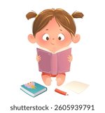 Little cute baby girl sitting reading a book. Cute child studying or reading book. Hobby and education illustration for children. Vector cartoon isolated clip art for kindergarten and school kids.