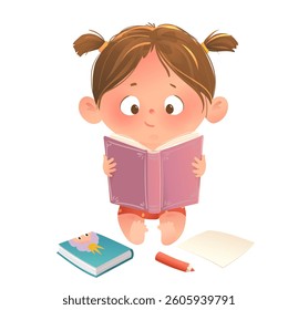 Little cute baby girl sitting reading a book. Cute child studying or reading book. Hobby and education illustration for children. Vector cartoon isolated clip art for kindergarten and school kids.