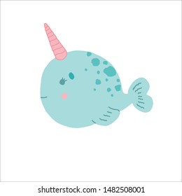 Little cute baby narwhal, fantasy magical creature, flat illustration