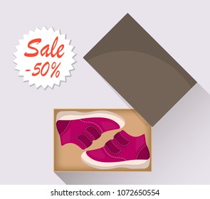 Little cute baby shoes in box, side view. Sale with a discount of 50 percent. Kid s casual pink boots. Illustration for a shoe store. Vector flat illustration