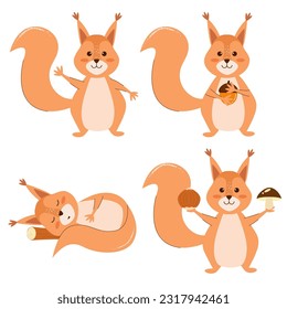 Little cute baby squirrel set. Flat character vector illustration.