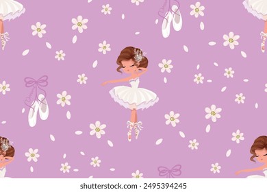 Pequeña bailarina linda con flores, diseño de patrones sin fisuras, Ilustración vectorial para niños obras de arte, estampados de camisetas, Fondos de pantalla, textiles, telas.