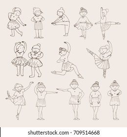 Little Cute Ballerina Girls Drawn In Doodle Style With Various Dance Steps And Emotions.