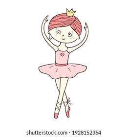 Little cute ballerina in pointe shoes, dress and crown. Isolated vector illustration in doodle style on white background