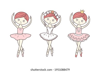 Little cute ballerina in pointe shoes and dress. Isolated set vector illustrations in doodle style on white background