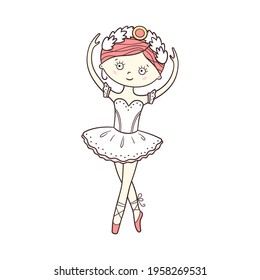 Little cute ballerina in pointe shoes and dress. Isolated vector illustration in doodle style on white background