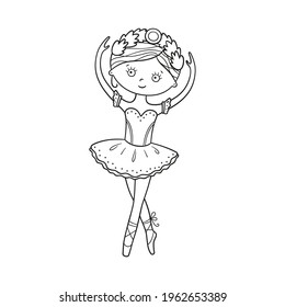 Little cute ballerina in pointe shoes and dress. Isolated vector illustration in doodle style on white background