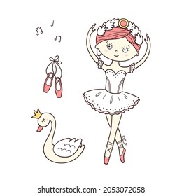 Little cute ballerina in pointe shoes and swan with crown. Isolated vector illustration in doodle style on white background