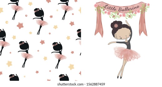 Little cute ballerina princess of the ballet. Decorative ribbon with flowers and inscription Little Ballerina.  Decorative seamless pattern with  black silhouette ballerina, stars on white background.