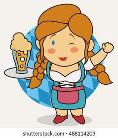 Little cute Bavarian waitress winking at you and holding a frothy beer in cartoon style.