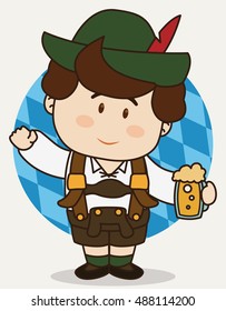 Little cute Bavarian wearing traditional lederhosen, holding a beer and saluting you in flat cartoon style.
