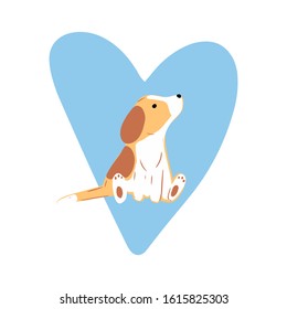 Little cute beagles with blue heart. Valentines day greeting card. Vector illustration EPS 10.