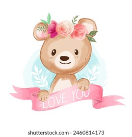 little cute bear in floral crown and pink ribbon illustration