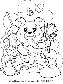 little cute bear with flowers, coloring book, cartoon illustration