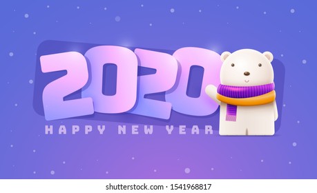 Little cute bear and Happy New Year 2020 greeting. Elements are layered separately in vector file.