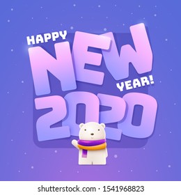 Little cute bear and Happy New Year 2020 greeting. Elements are layered separately in vector file.