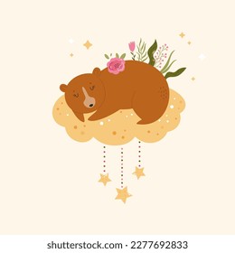 Little cute bear sleeping on the cloud. Adorable animal vector design, illustration.