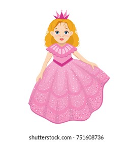 Little cute beautiful princess in cartoon style. Illustration of a beautiful fairytale princess wearing an elegant gown on white background. Doll in a luxurious fluffy dress. Vector illustration