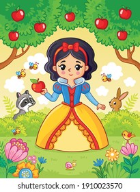 Pequeña princesa linda se alza en el bosque entre árboles y animales. Niña sosteniendo una manzana en sus manos. Ilustración vectorial al estilo de las caricaturas.