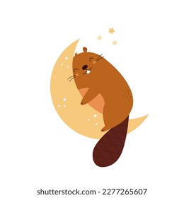 Pequeño castor lindo durmiendo en la luna. Diseño vector animal adorable, ilustración.