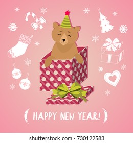 Little cute beer in festive cap in a gift box. Christmas vector illustration. Greeting card.
