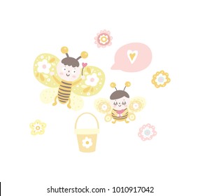 Little cute bees and flowers