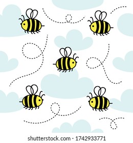 Kleine süße Bienen fliegen in den Wolken.Kids nahtloses Muster.Manuelle Vektordoodle-Abbildung.