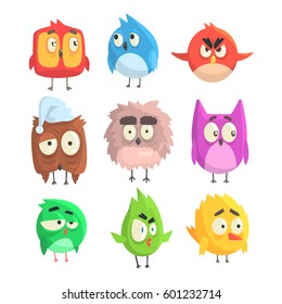 Little Cute Bird Chicks Set Of Cartoon Characters in Geometric Shapes, Stylized Cute Baby Animals