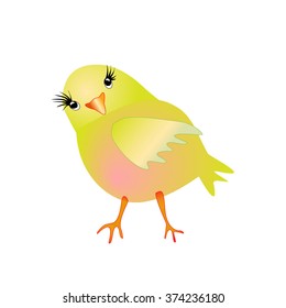 Little cute bird. Green bird with big eyes. The bird with green plumage and pink breast. Vector. Caricature. Cartoon.