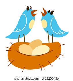 Little cute bird nesting funny cartoon flat vector illustration isolated on white, family and kids concept.