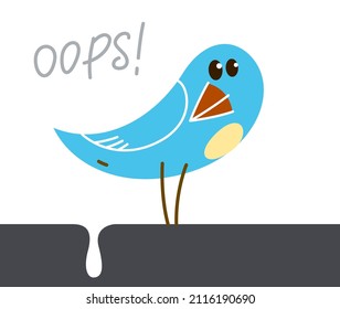 Little Cute Bird Poo Humorous Cartoon Flat Vector Illustration Isolated On White, Failure And Shame Funny Concept.