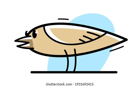 Pequeño pájaro lindo parado y con caricatura divertida ilustración plana vectorial aislada en blanco.