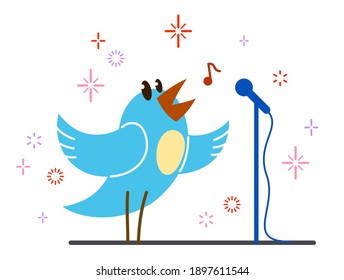 Little cute bird standing and singing birdsong like a pop star on a stage funny cartoon flat vector illustration isolated on white.
