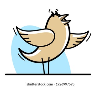 Little cute bird standing and singing birdsong funny cartoon flat vector illustration isolated on white.
