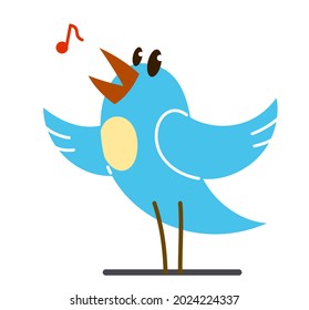 Little cute bird standing and singing birdsong funny cartoon flat vector illustration isolated on white.