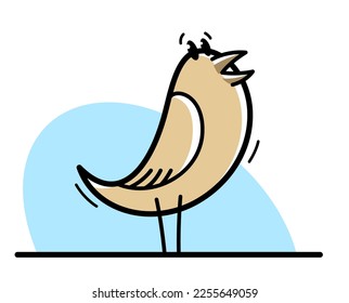 Little cute bird standing and singing birdsong funny cartoon flat vector illustration isolated on white.