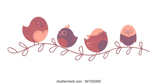 Little cute birds with glasses sitting on branch. Vector illustration. Vintage toned. Ready for print.