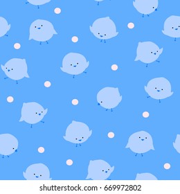 Little cute birds on blue dotted background. Funny vector seamless pattern for children's textile, easter cards, wrapping, polygraph, web and fabric design.