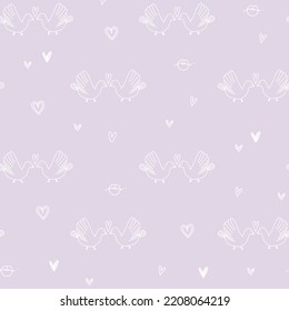 Little cute birds white pigeons kissing with hearts doodle. Pink pastel pattern for wedding, valentine's day, paper, baby, scrapbook.