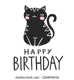 Little cute black cat birthday greeting card vector illustration.