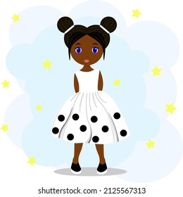 Little cute black girl in a white dress with black polka dots