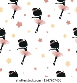 Little cute black silhouette ballerina princess of the ballet and stars. Decorative seamless pattern on white background.