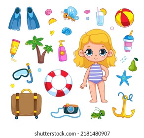 Little cute blonde girl in a striped swimsuit. Set of elements of summer holidays and seaside holidays. Anchor, suitcase, fins, palm tree, ball, lemonade. Children's baby clipart. Vector cartoon.